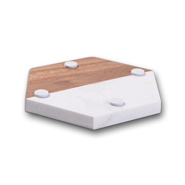 Hexagon White Marble & Acacia Wood Coaster approx. 4"x4" (one each)