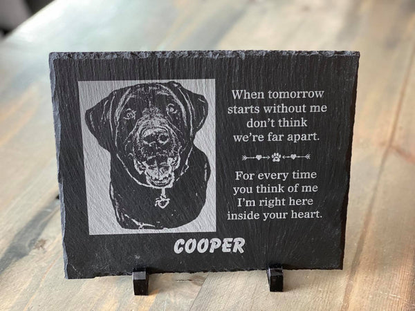 Pet Memorial on Slate includes photo engraving and name.