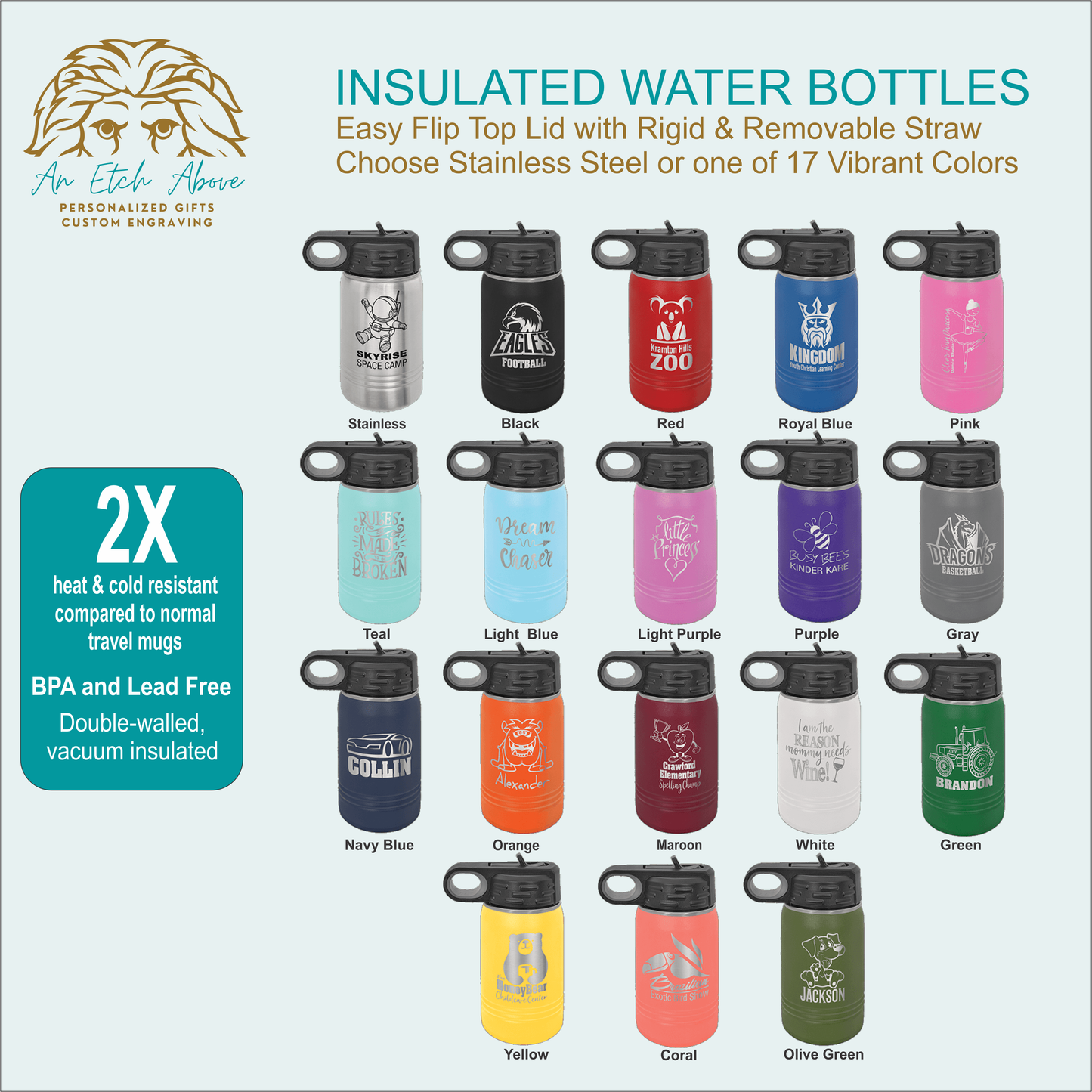 Kid's Sized 12 oz. Water Bottle with built in straw -18 colors available