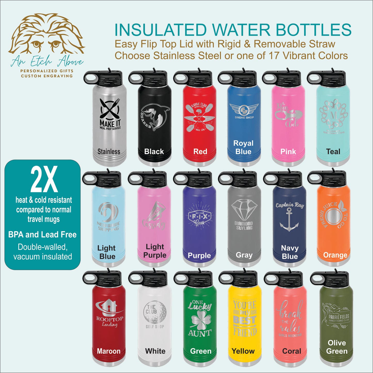 32 oz. Water Bottle with built in straw -18 colors available
