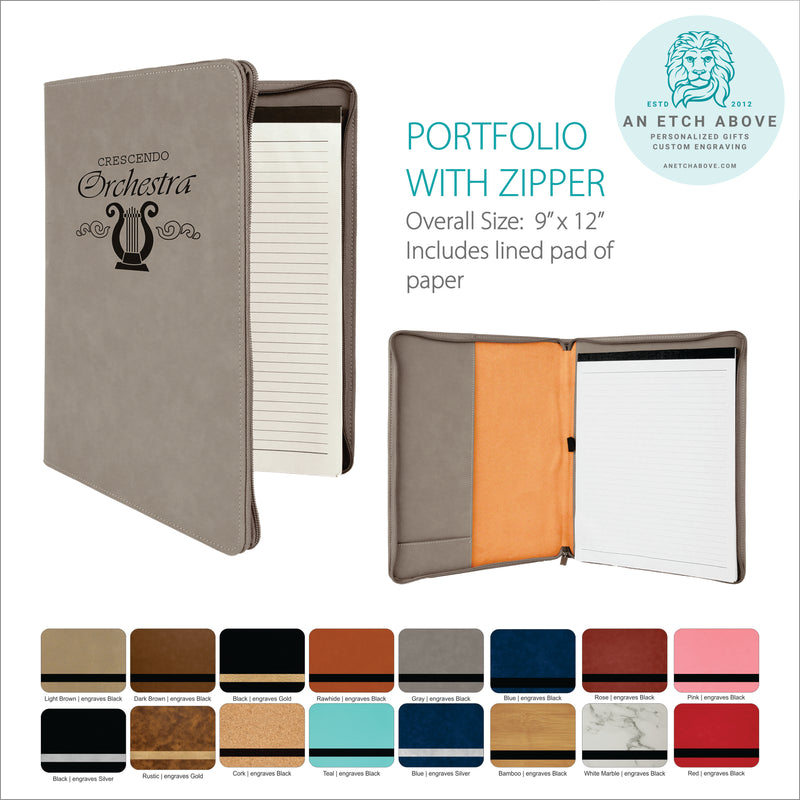 Zippered Portfolio 9-1/2"x12" with Notepad - 16 color options
